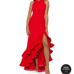 Betsy & Adam red ruffle gown with slit